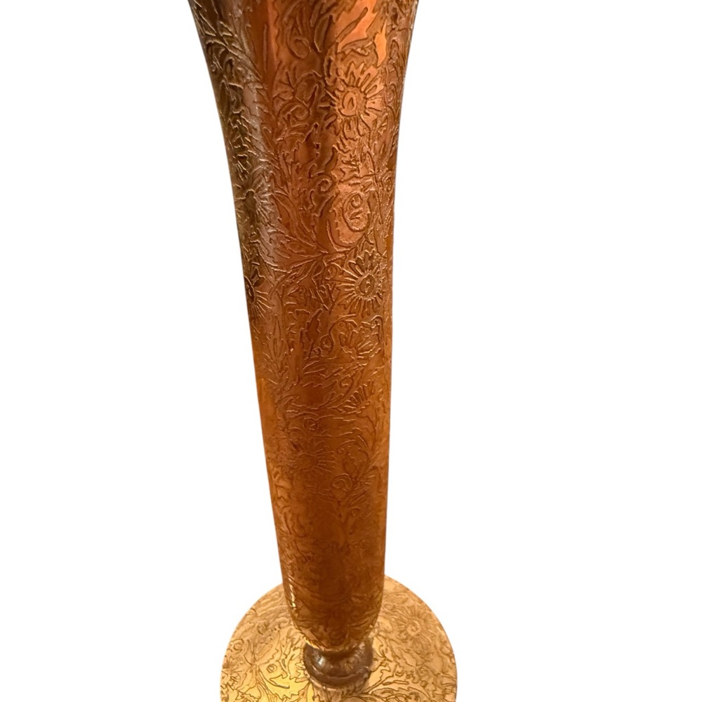Vintage Brass/Copper Embossed Trumpet Vase – 7” Floral Design